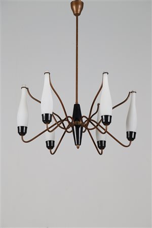 MANIFATTURA ITALIANA Lampadario in metallo laccato ottone e vetro satinato,...