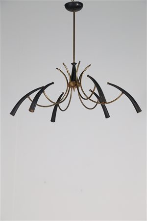 LUMI MILANO Lampadario in metallo laccato e ottone, per Lumi Milano, anni 50....