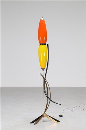 MANIFATTURA ITALIANA Lampada da terra in metallo e ottone con vetri...