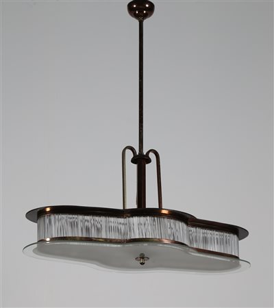 MANIFATTURA ITALIANA Lampadario in rame ottone e vetro, anni 30. . Cm 83,00 x...