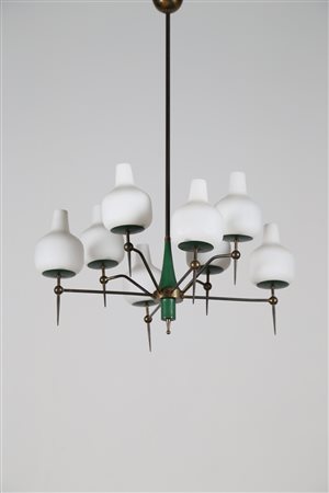 MANIFATTURA ITALIANA Lampadario in ottone metallo laccato e vetro satinato,...