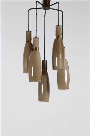 STILNOVO Lampada a sospensione in ottone e vetro incamiciato, anni 60. -. Cm...