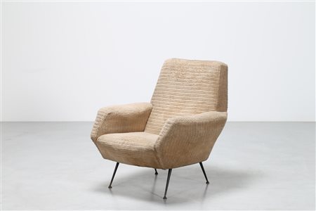 MANIFATTURA ITALIANA Poltrona in tessuto, metallo laccato e ottone, anni 50 ....