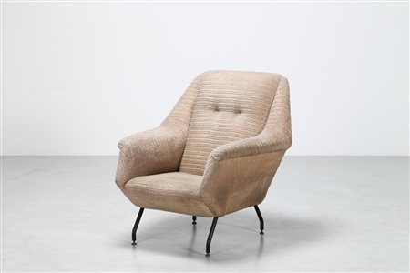 MANIFATTURA ITALIANA Poltrona in tessuto, metallo laccato e ottone, anni 50 ....