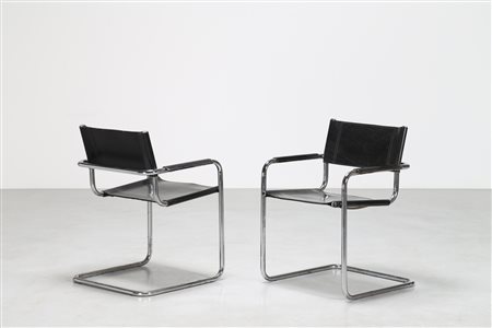 STAM MART Coppia di poltroncine in tubo d'acciaio e cuoio mod. Cantilever,...