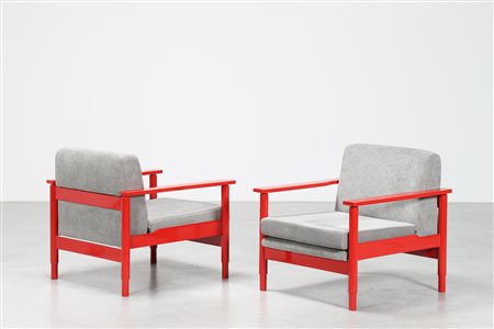 SAPORITI SERGIO Coppia poltrone in legno laccato e tessuto prod. Fratelli...