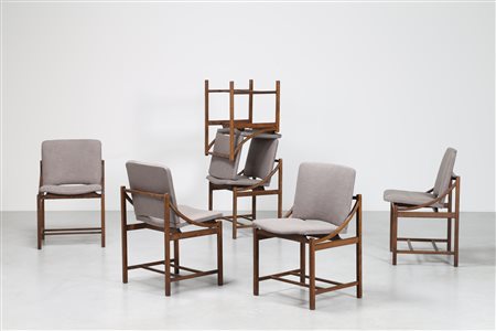 MANIFATTURA ITALIANA Sei sedie in legno e tessuto, anni 70. -. Cm 51,00 x...