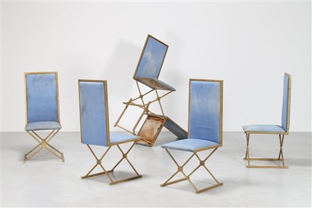 TURRI Sei sedie in metallo dorato e tessuto, per Arredamenti Turri, anni 80....