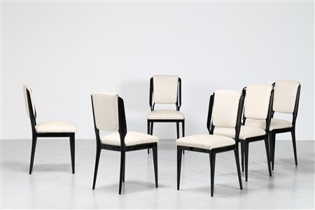 MANIFATTURA ITALIANA Sei sedie in legno laccato nero e sky, anni 70. -. Cm...