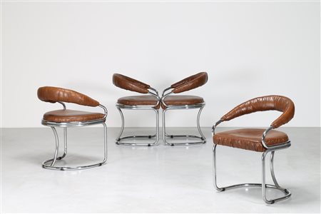 MANIFATTURA ITALIANA Quattro poltroncine in metallo cromato e pelle???, anni...