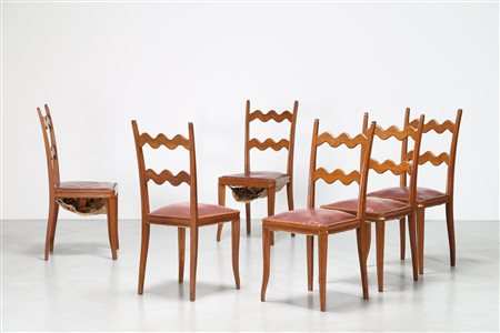 BUFFA PAOLO (1903 - 1970) Sei sedie in rovere e skai originale, anni 50. -....