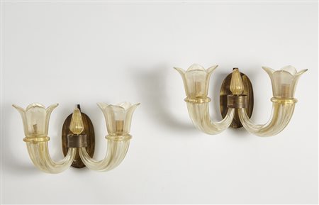 Venini (attribuito) Coppia di appliques a due luci in vetro soffiato incolore...