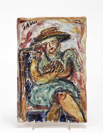 Piero Gauli (Milano 1916 - 2012) "Donna con gallo", Roma 1957. Formella in...