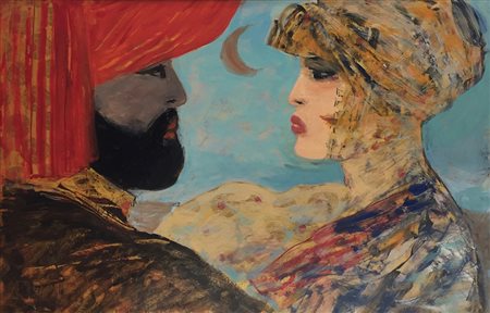 Salvatore Fiume " l'incontro" 54x36 anni olio su tela del '70 autentica...