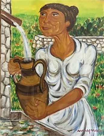 Giuseppe Migneco "Donna alla fonte" olio su tela 30x40 del 1985 pubblicato...