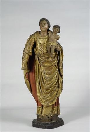 Madonna con bambino in legno intagliato e dipinto, Francia, XVIII sec, cm. h. 66