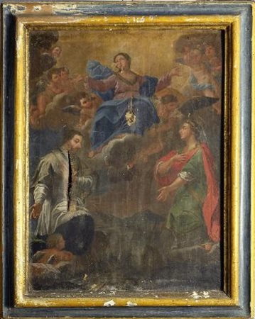 Apparizione della vergine a due santi, xviii sec. Olio su tela, cm. 60x50,5...