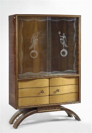 Vetrina impiallacciata in noce, vetri a scorrimento satinati con danzatrici,...