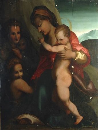 Scuola di Andrea del Sarto LA VERGINE CON IL BAMBINO E SAN GIOVANNINO Tempera...
