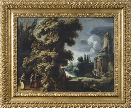 Jacob Symonsz Pynas (Haarlem, 1585 - 1648) PAESAGGIO CON ARCHITETTURE E...