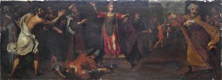 Scuola Toscana, XVI sec. GIUDITTA E OLOFERNE Olio su tela, cm. 80x200
