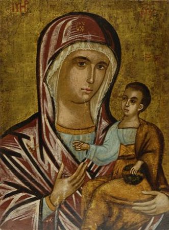 Scuola bizantina, XIX sec. MADONNA COL BAMBINO Olio su tavola, cm. 42,5x31