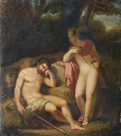 Anonimo del XIX sec. ARGO E MERCURIO Olio su tela, cm. 28x25