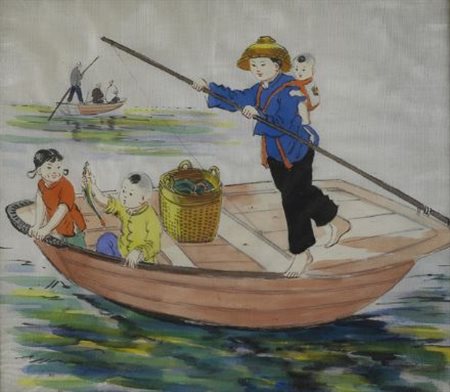 Vasetto a tromba in legno laccato, con pesci.