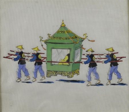 Portantina stampa su seta Cina, XX sec., cm. 28x33