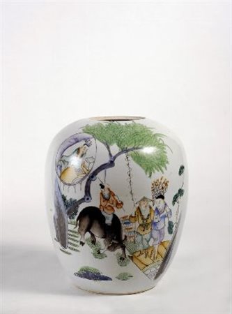 Giara a melone in porcellana, decorata in stile famille rose con figure di...