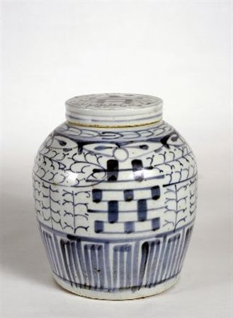 Giara da cucina in porcellana bianca e blu, con motivi arabeschi e Ideogramma...