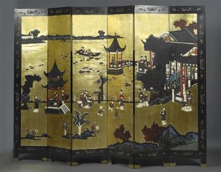 Paravento in legno laccato a sei pannelli interamente decorati da paesaggio...