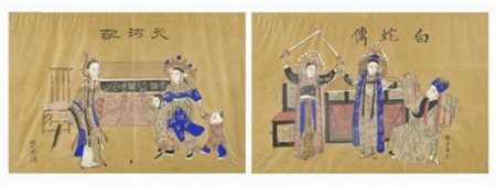 Madre con figli; Scena di rituale Coppia di acquerelli su carta, Cina XIX...