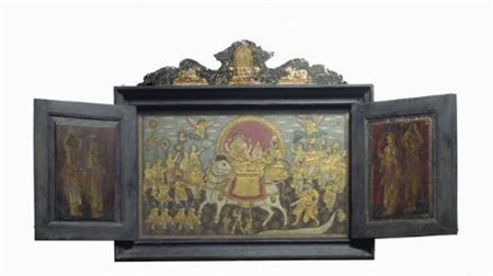 Trittico della famiglia Shiva decorato in oro, XIX sec., cm. 92x104