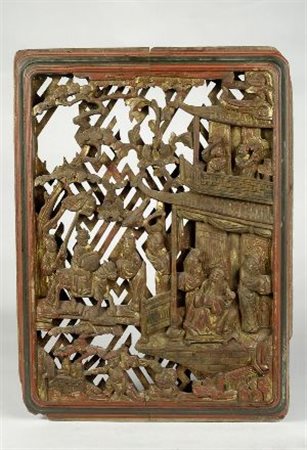 Pannello in legno traforato, dorato e dipinto, con scene di palazzo, Cina,...