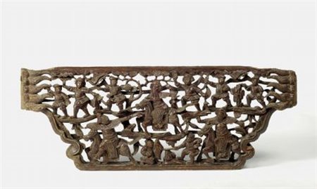 Pannello in legno intagliato e traforato, con scena di battaglia, Cina XIX...