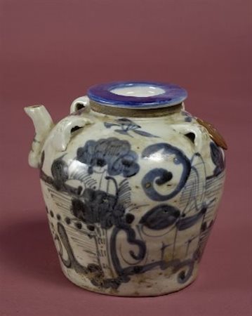 Piccola oliera in ceramica dipinta bianca e blu, decorazione a paesaggio e...