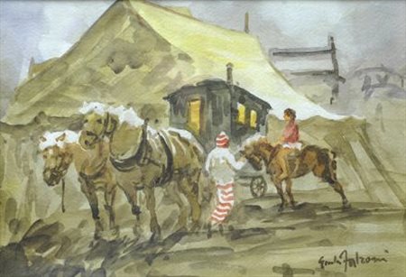 Giulio Falzoni (Marmirolo, 1900 - 1978) DIETRO IL CIRCO Acquarello su carta,...