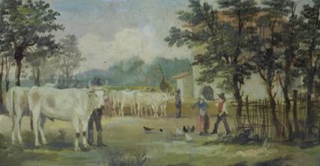 Renato Zini (Firenze, 1890 - 1969) FIGURE IN CAMPAGNA Olio su tavola, cm....