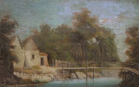 Anonimo del XIX sec. CASE E PONTE Olio su tavola, cm. 15,5x24