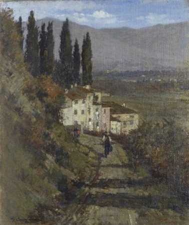 Giuseppe Comparini (Firenze, 1894 - 1980) PAESE CON FIGURE Olio su tela, cm....