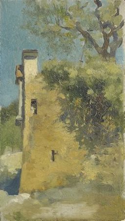 Alfredo Giovannozzi A FIANCO DELLA CHIESA Olio su compensato, cm. 15,5x9