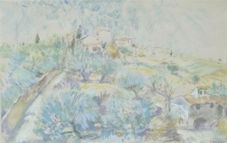 Virgilio Carmignani (Empoli, 1909 - 1992) CAMPAGNA CON CASE, 1989 Tempera su...