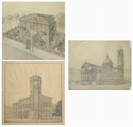 TRE DISEGNI ARCHITETTONICI a matita su carta in cornici, cm. 36,5x50; cm....