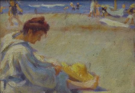 Anonimo del XX sec. FIGURA SULLA SPIAGGIA Olio su compensato, cm. 14x18