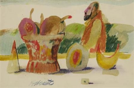 Antonio Possenti (Lucca, 1933) COMPOSIZIONE CON FRUTTI E FIGURA Tecnica mista...