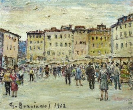 Guido Borgianni (New York, 1915 - Firenze, 2011) MERCATO IN PIAZZA, 1962 Olio...