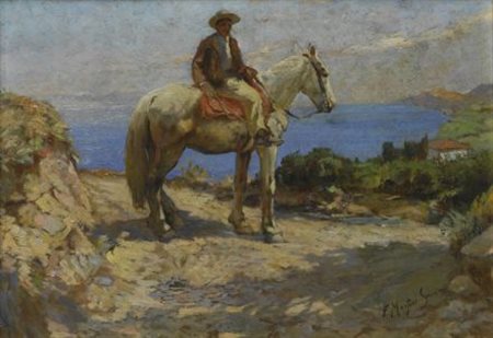 Filippo Marfori Savini (Urbania, 1877 - Firenze, 1952) FIGURA A CAVALLO Olio...