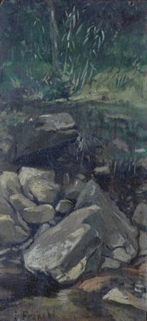 I. Franchi ROCCE NEL FIUME Olio su tavoletta, cm. 18,5x8,5 Firma in basso a...