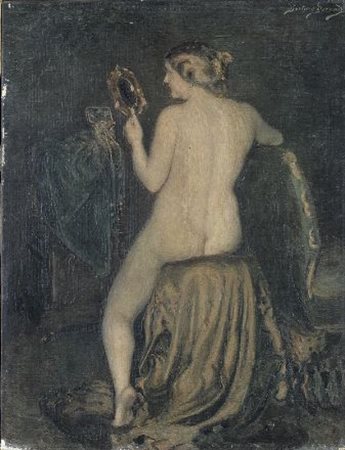 Gustave Durand (1863 - 1938) DONNA ALLO SPECCHIO Olio su tela, cm. 25,5x20...